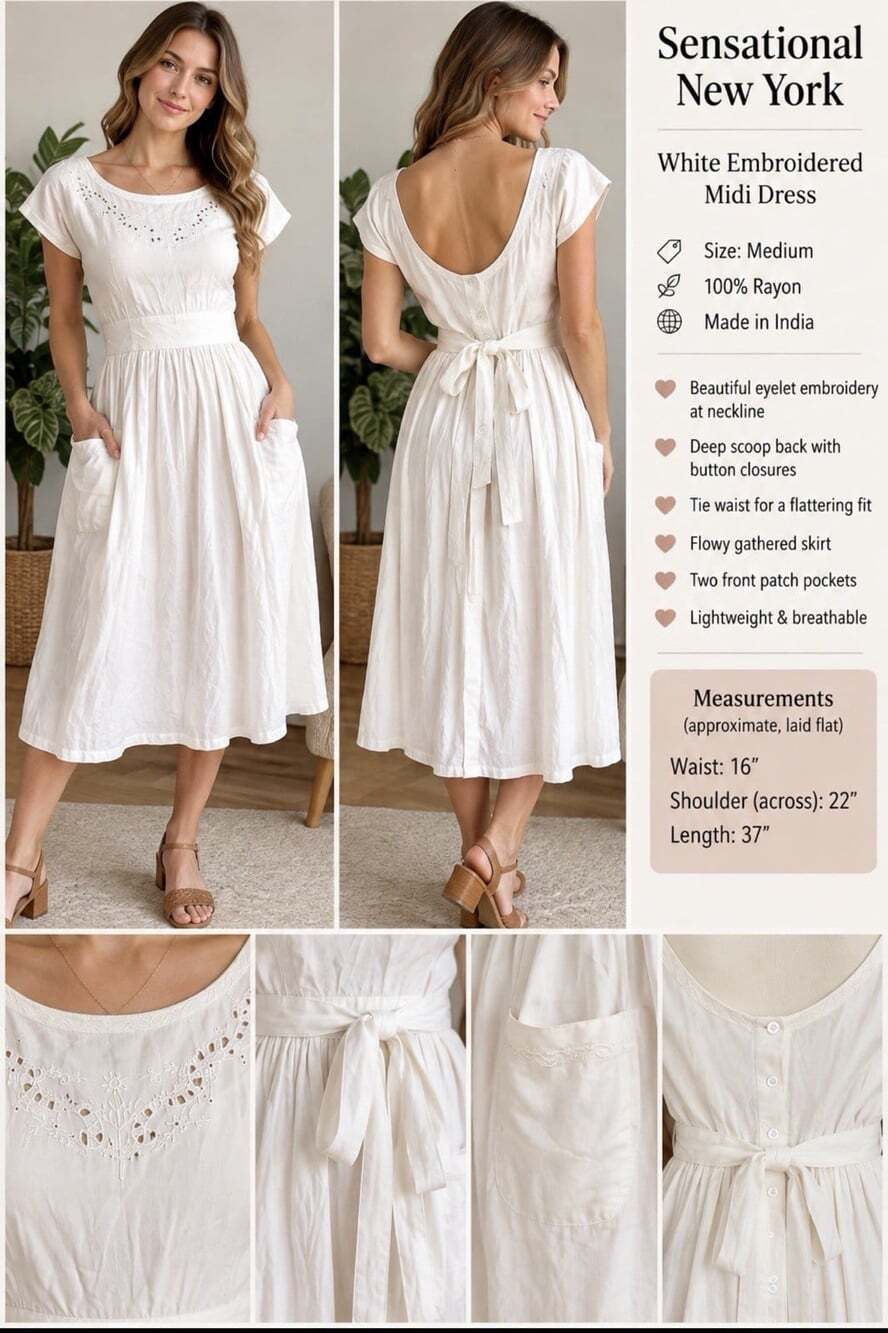 Sensational NY White Rayon Dress M Eyelet Embroidered Tie Waist Cottagecore